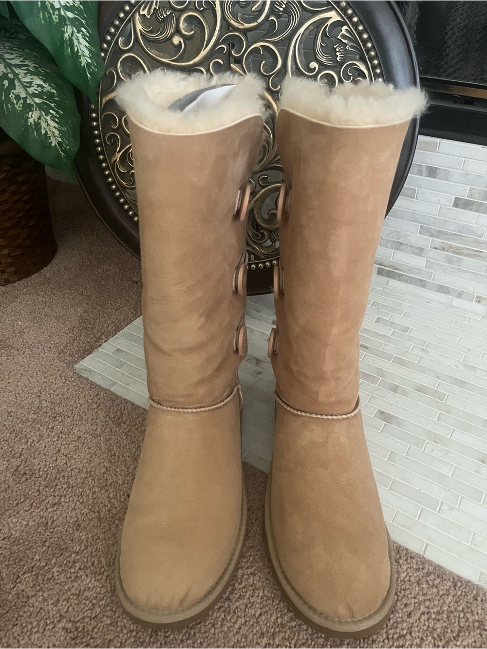 Women's UGG Bailey button tall Shearling Boots - sand size 9 - Picture 2 of 5